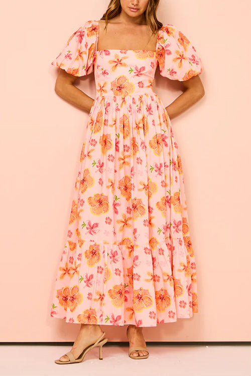 Karladress Square Neck Puff Sleeves Floral Print Ruffle Maxi Dress