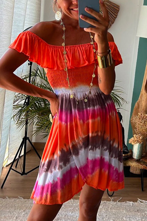 Karladress Ruffle Off Shoulder Waisted Tie Dye Mini Swing Dress