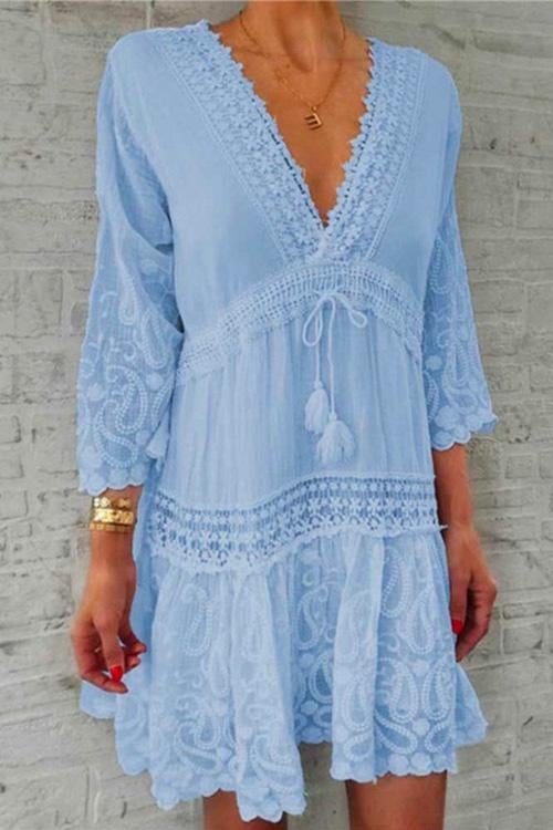 Karladress V Neck Lace Trim Tassel Swing Dress