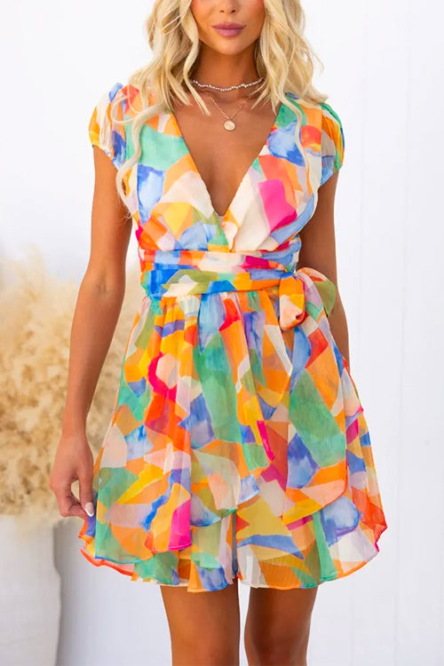 V Neck Tie Waist Splendid Printed Mini Wrap Dress