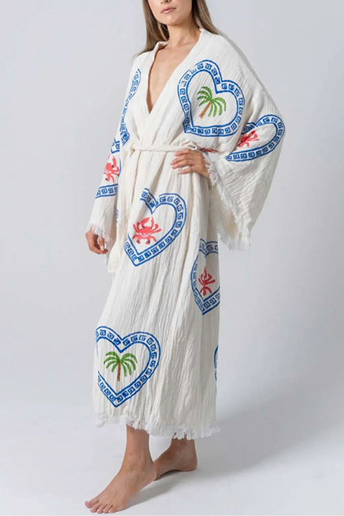 Karladress Raw Hem Tie Waist Printed Beach Vacation Kimono Maxi Dress