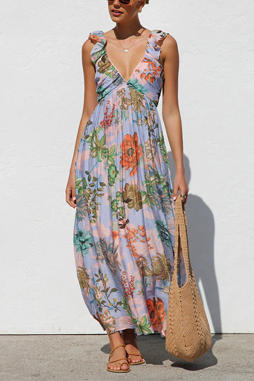 Karladress Sleeveless V Neck Floral Print Maxi Holiday Dress