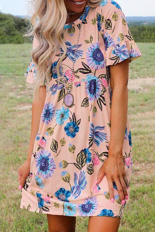 Karladress Crewneck Short Sleeve Floral Printed Flowy Dress