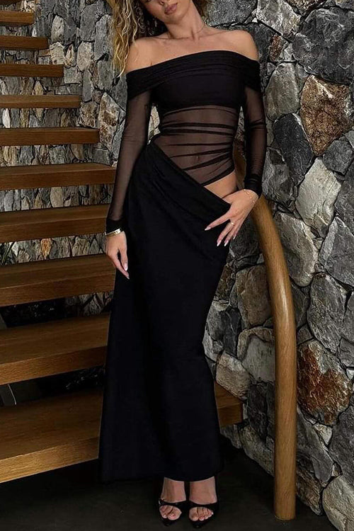 Karladress Off Shoulder Long Sleeves Mesh Splice Maxi Dress