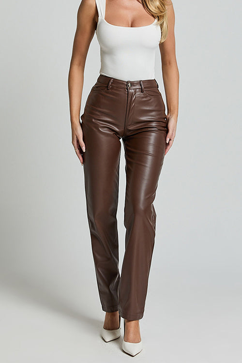 Karladress High Rise Pocketed Casual Faux Leather Pants