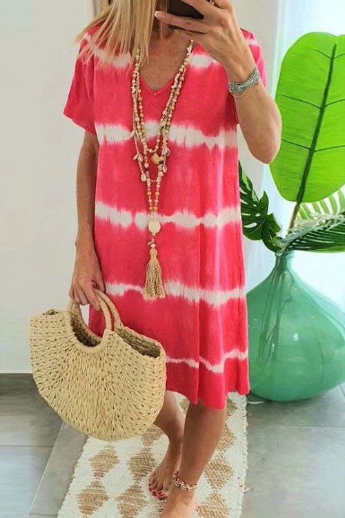 Karladress V Neck Short Sleeve Tie Dye Stripes T-shirt Dress