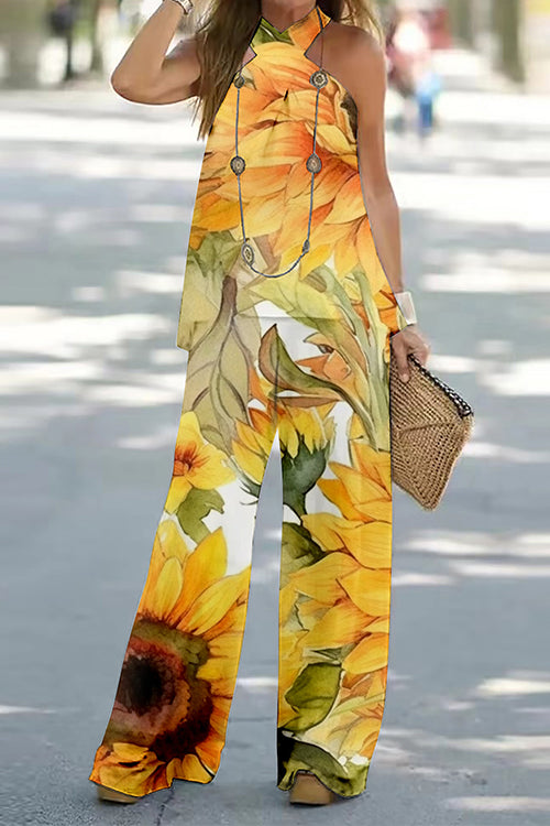 Karladress Criss Cross Halter Sleeveless Top Wide Leg Pants Printed Vacation Set