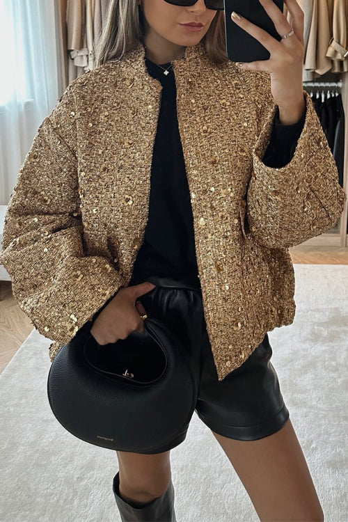 Karladress Stand Collar Zip Up Pocketed Sequin Jacket