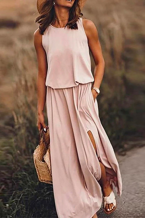 Karladress Sleeveless Waisted Slit Maxi Tank Dress