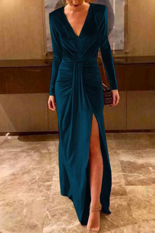 Karladress Deep V Neck Slit Ruched Velvet Party Dress(5 Colors Available)