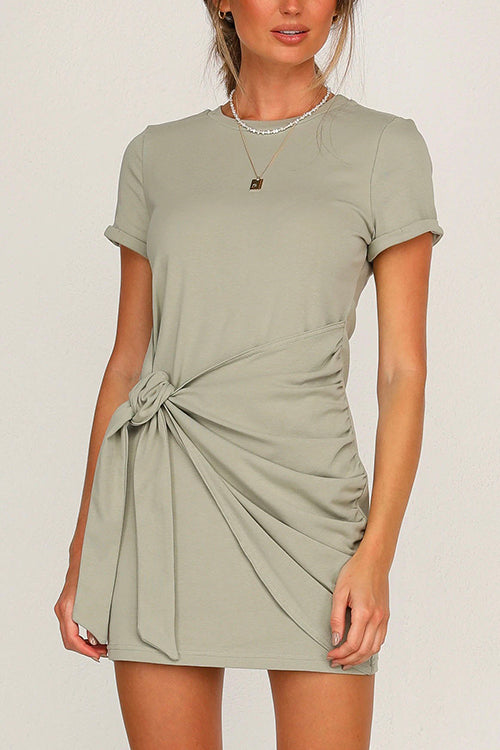 Karladress Short Sleeve Knot Waist Solid T-shirt Dress