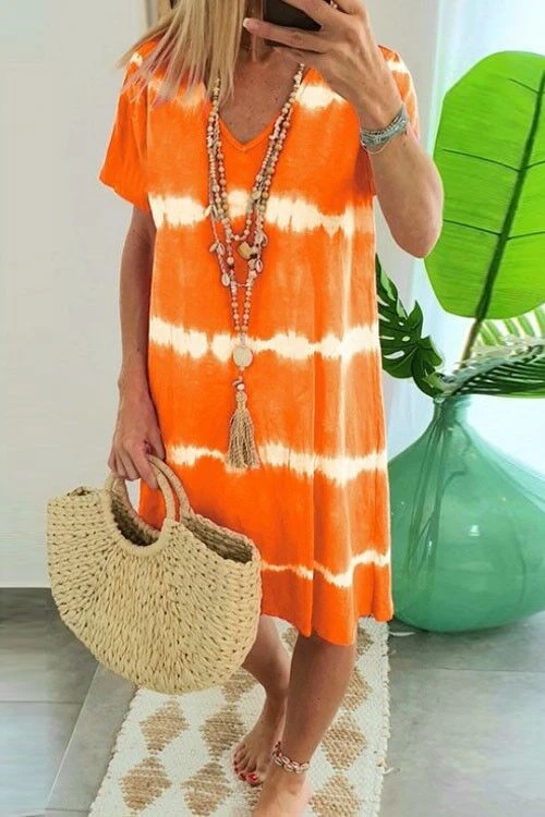 Karladress V Neck Short Sleeve Tie Dye Stripes T-shirt Dress