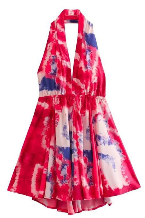 Karladress Deep V Neck Halter Backless Printed Mini Vacation Dress