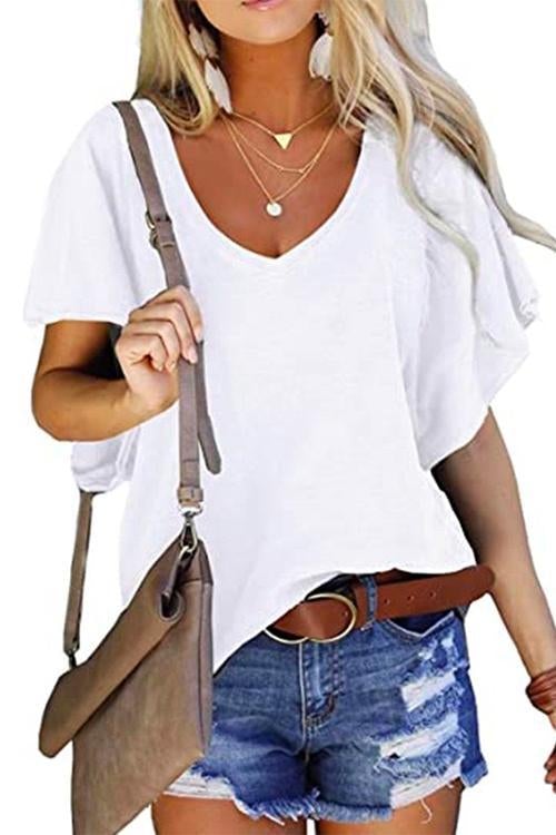 Karladress V Neck Ruffle Sleeves Loose T Shirt