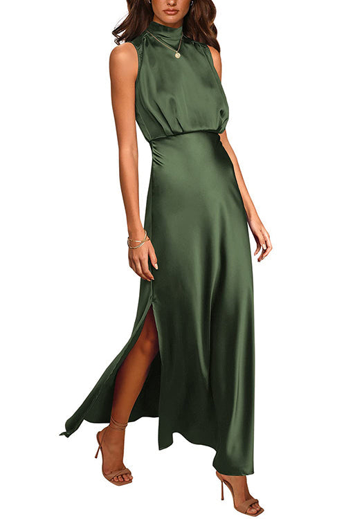 Karladress Sleeveless Mockneck Side Split Maxi Satin Dress