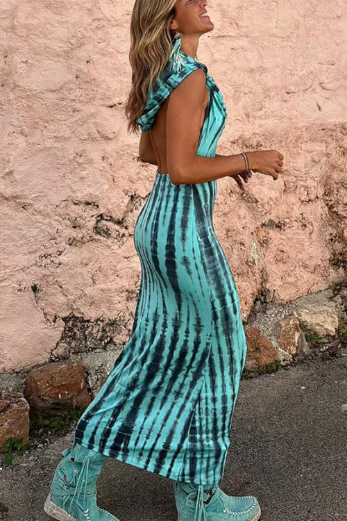 Karladress Cowl Neck Backless Tie Dye Hoodied Maxi Dress