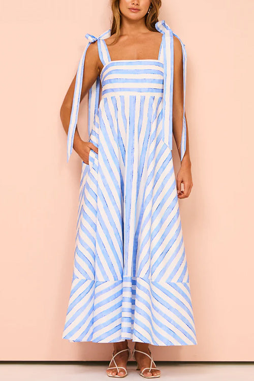 Karladress Pocketed Bow Shoulder Striped Swing Maxi Cami Dress