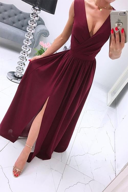 Karladress Deep V Neck Slit  Ruched Sleeveless Party Dress