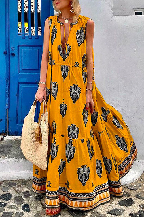 Karladress Tassle Deep V Neck Sleeveless Printed Maxi Swing Holiday Dress