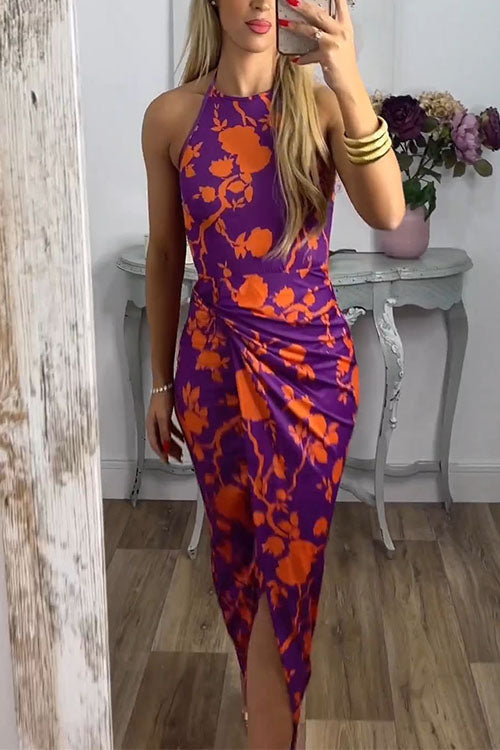 Karladress Halter Twist Front Slit Floral Printed Maxi Dress