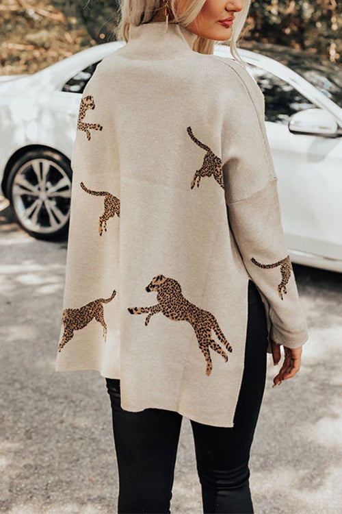 Karladress High Neck Side Slit Cheetah Pattern Sweater