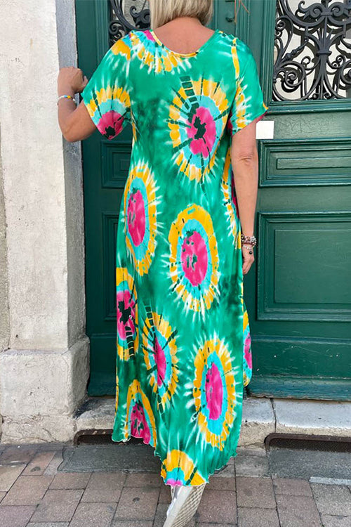 Karladress V Neck Short Sleeve Tie Dye Maxi Swing Dress