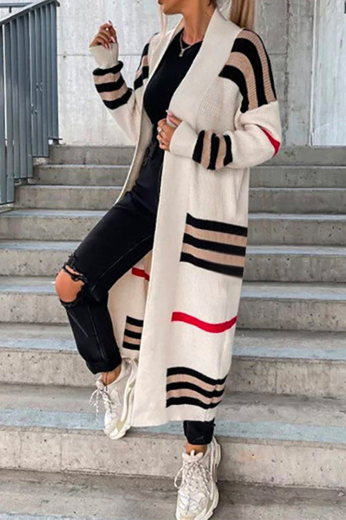 Karladress Open Front Color Block Striped Splice Long Sweater Cardigan