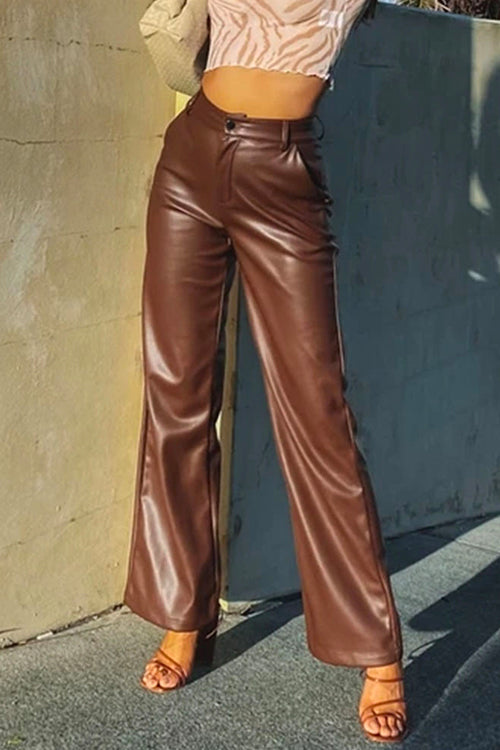 Karladress Faux Leather Straight Leg Trousers with Pockets