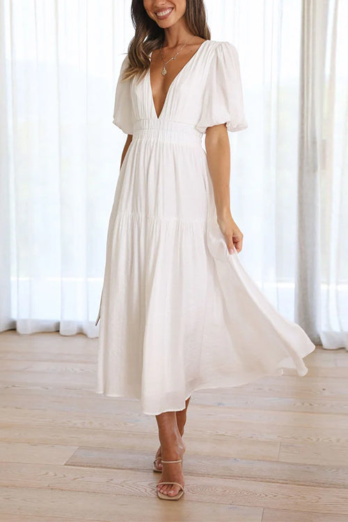 Karladress V Neck Lantern Sleeves Waisted Ruffle Maxi Dress