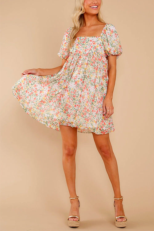 Square Neck Floral Print Babydoll Flowy Dress