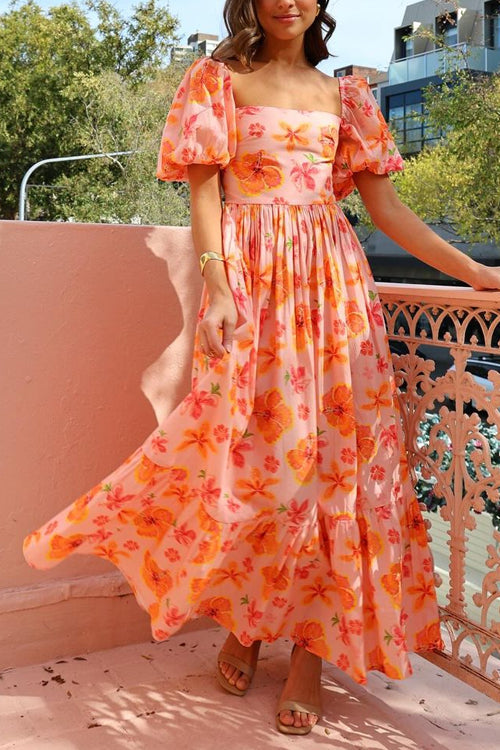 Karladress Square Neck Puff Sleeves Floral Print Ruffle Maxi Dress