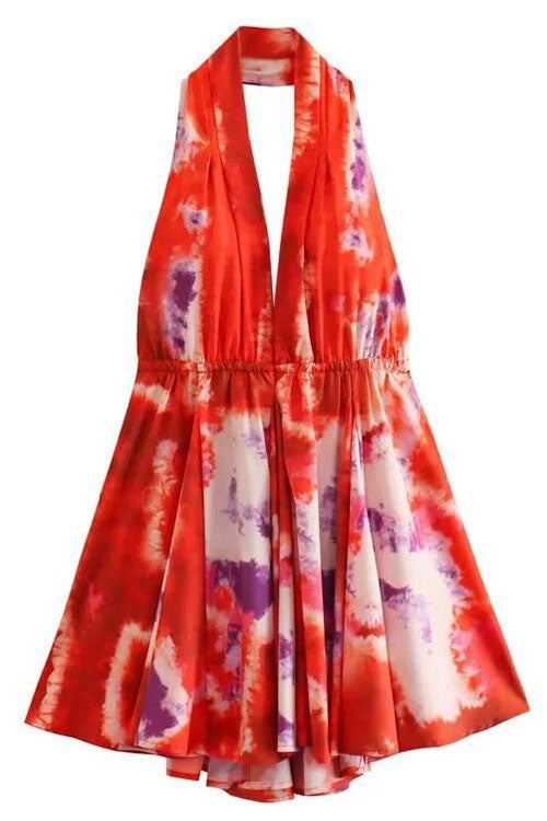 Karladress Deep V Neck Halter Backless Printed Mini Vacation Dress