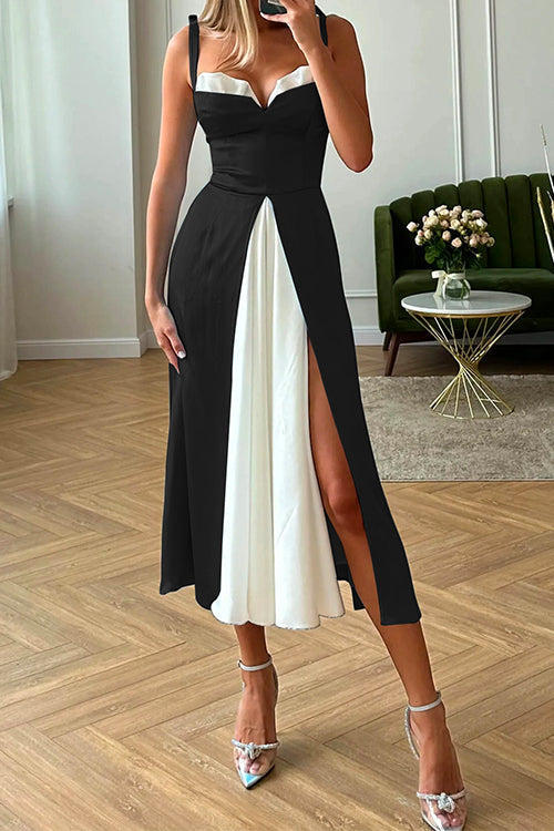 Karladress Tie Shoulder Color Block Splice Swing Midi Cami Dress