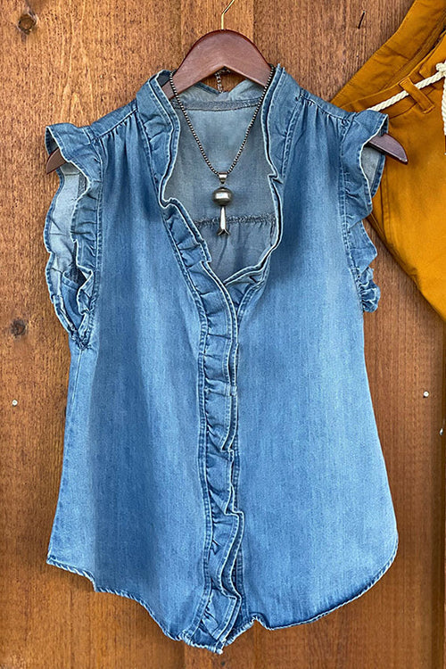 Karladress V Neck Ruffle Trim Sleeveless Denim Top