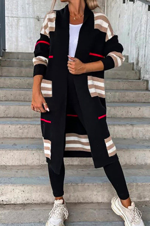 Karladress Open Front Color Block Striped Splice Long Sweater Cardigan