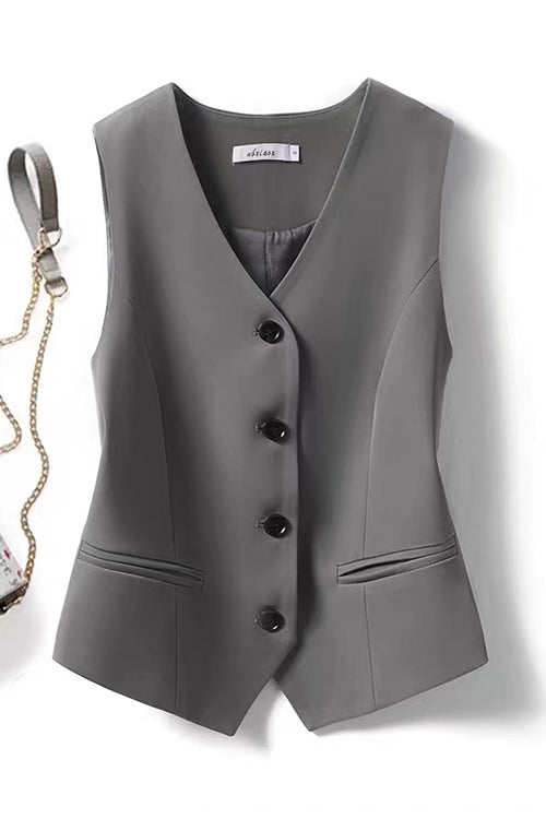 Karladress V Neck Button Up Pocketed Blazer Vest