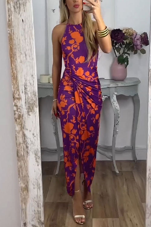 Karladress Halter Twist Front Slit Floral Printed Maxi Dress