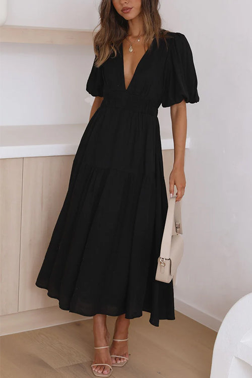 Karladress V Neck Lantern Sleeves Waisted Ruffle Maxi Dress