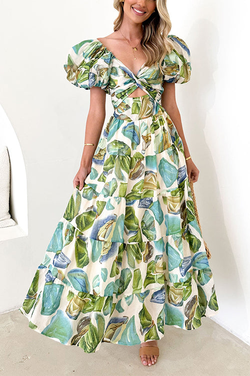 Karladress Twist Front Puff Sleeves Ruffle Tiered Printed Maxi Dress