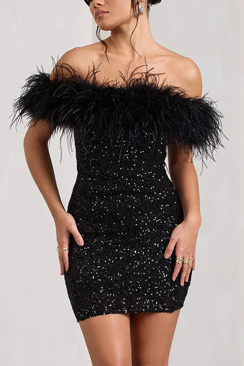 Karladress Off Shoulder Feather Trim Sequin Mini Party Dress