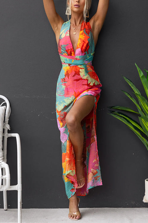 V Neck Sleeveless Tie Back Slit Floral Print Maxi Dress