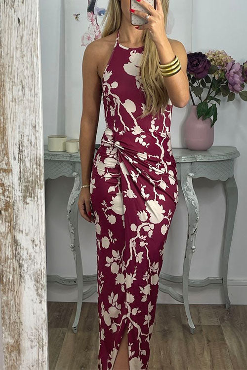 Karladress Halter Twist Front Slit Floral Printed Maxi Dress