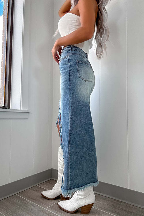 Karladress Frayed High Low Hem Distressed Maxi Skirt