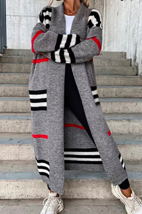 Karladress Open Front Color Block Striped Splice Long Sweater Cardigan