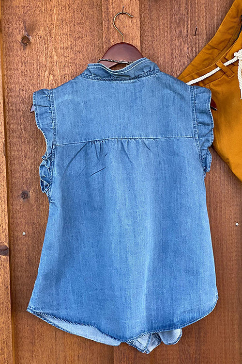 Karladress V Neck Ruffle Trim Sleeveless Denim Top