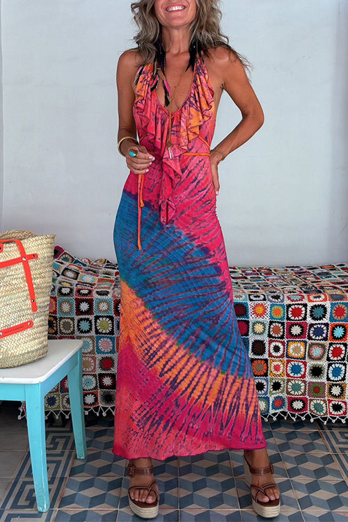 Karladress Ruffle Trim Halter Lace-up Backless Tie Dye Maxi Dress