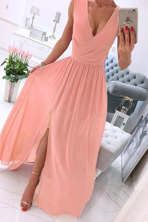 Karladress Deep V Neck Slit  Ruched Sleeveless Party Dress