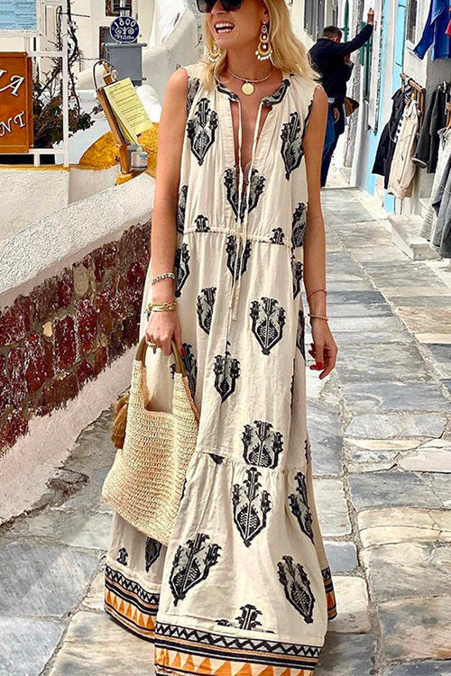 Karladress Tassle Deep V Neck Sleeveless Printed Maxi Swing Holiday Dress