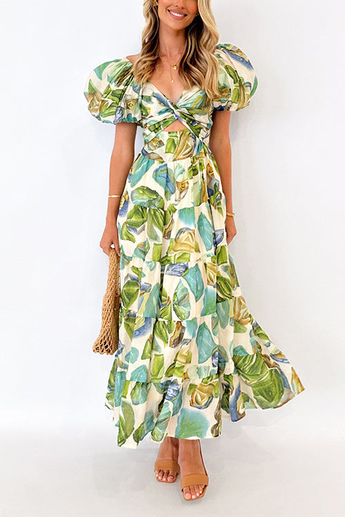 Karladress Twist Front Puff Sleeves Ruffle Tiered Printed Maxi Dress