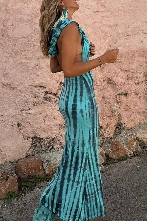 Karladress Cowl Neck Backless Tie Dye Hoodied Maxi Dress